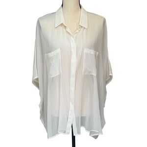 DKNY CREAM SILK OVERSIZED SEMI SHEER SHORT SLEEVE BUTTON DOWN CAMP BLOUSE